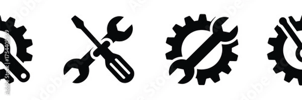 Fototapeta Scalable vector illustration set of four industrial tools gear wrench and screwdriver icons eps format silhouette vector illustration white background