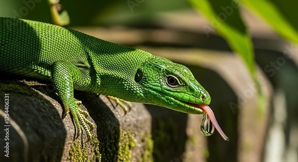 Fototapeta Vibrant Green Lizard Extends Tongue on Weathered Wood in Natural Sunlight.