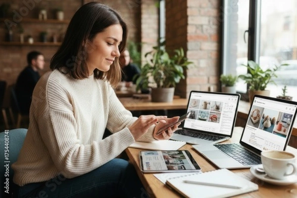 Fototapeta Young caucasian female entrepreneur working on multiple devices in a cozy cafe setting.
