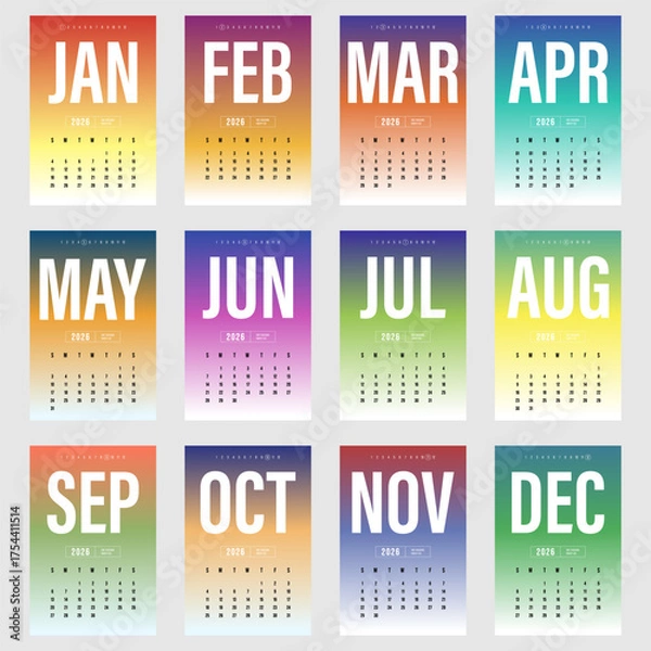 Fototapeta 2026 Calendar template design with colorful vibrant gradient. Modern futuristic minimalist style.