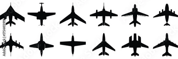 Fototapeta Diverse silhouette vector pack featuring twelve distinct airplane graphics for scalable design projects silhouette vector illustration white background