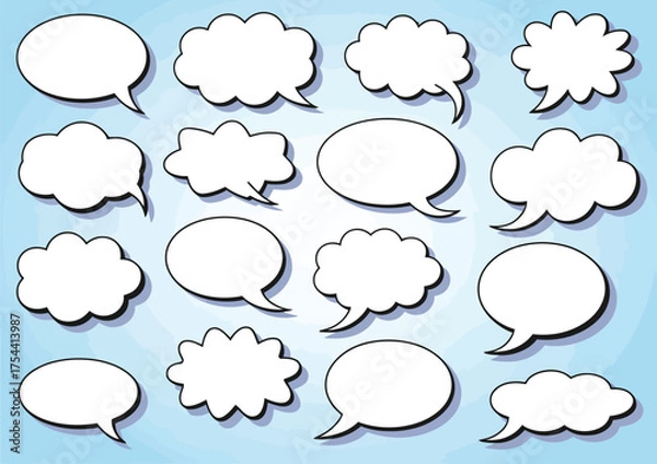 Fototapeta Collection of fifteen stylized white speech bubbles vector illustration for eps format silhouette vector illustration white background