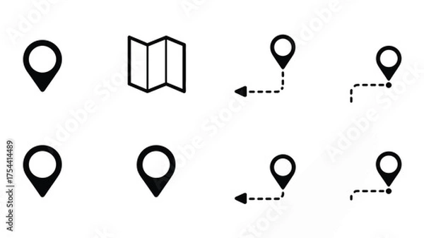 Fototapeta Eight minimalist location icons vector set scalable eps illustration for navigation and travel apps silhouette vector illustration white background
