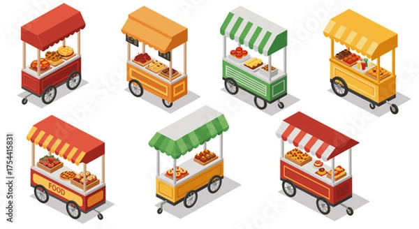 Fototapeta Isometric food carts: colorful mobile stalls with various street snacks