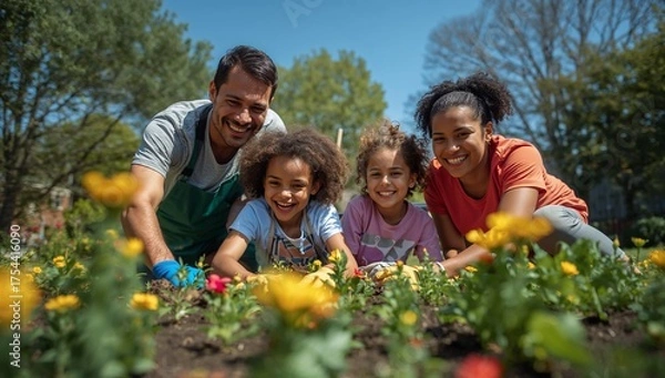 Fototapeta Smiling family kneeling in home garden, with flowering plants gardening gloves and hand trowel