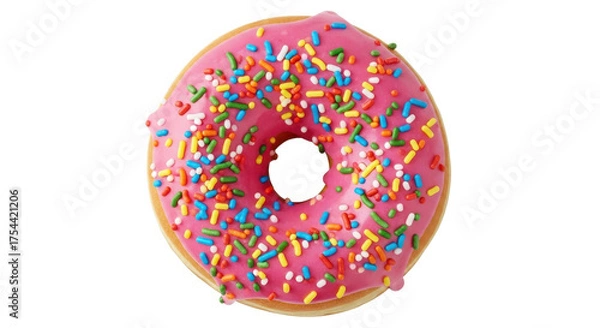 Fototapeta Pink glazed donut with colorful sprinkles isolated PNG with Transparent Background
