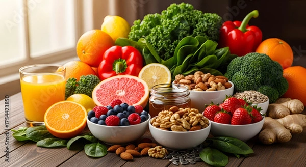 Fototapeta A colorful array of fresh fruits, crisp vegetables, and wholesome nuts, promoting balanced nutrition, essential for a strong immune system, vitality, and overall well-being