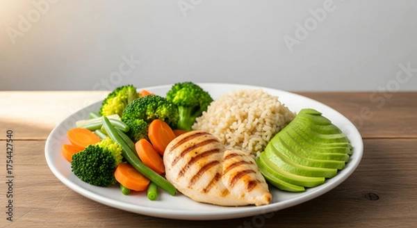 Fototapeta Healthy Grilled Chicken Breast with Brown Rice, Broccoli, Carrots, and Avocado Slices on a White Plate
