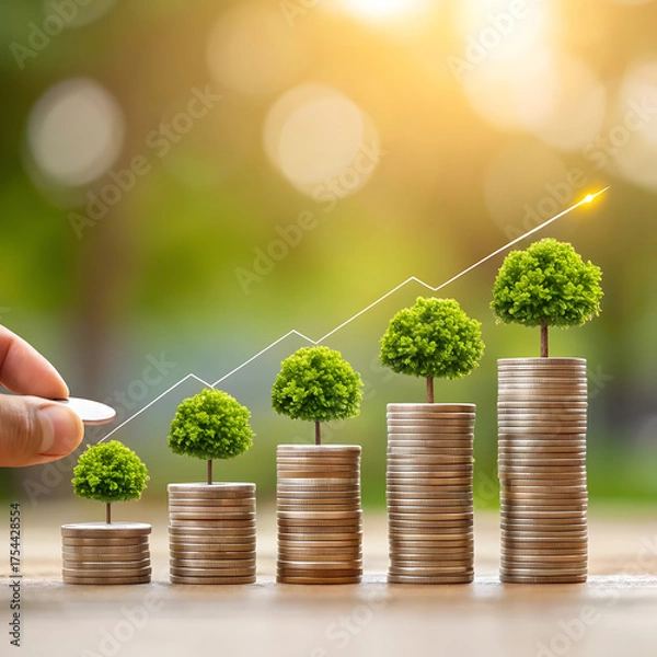 Fototapeta A golden coin stack and a money tree growing on a wooden house represent financial growth and investment success