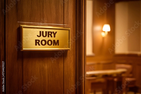 Fototapeta Jury room entrance in a courthouse showing a warm wooden interior and a table