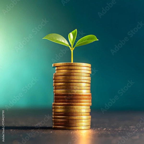 Fototapeta A small green plant growing from a stack of coins symbolizes financial growth and investment