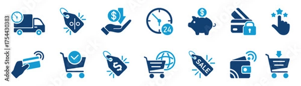 Obraz E-commerce icons color set, such as delivery, online shopping, store, secure payment and and more.