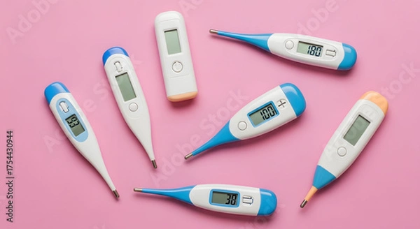 Fototapeta A collection of various modern digital thermometers for measuring body temperature and detecting fever on a pink background, representing a healthcare concept