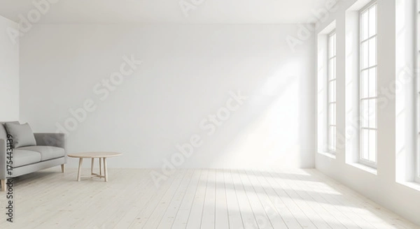 Fototapeta Bright, sunlit modern living room with a minimalist gray sofa and a light wood coffee table on a polished white floor