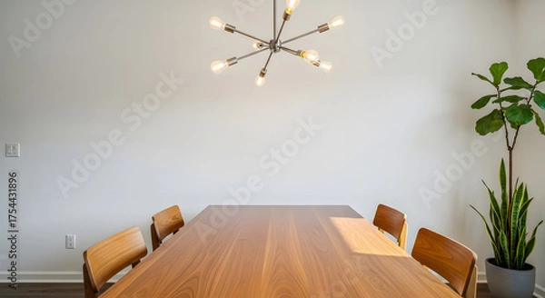 Fototapeta Dining Room with Wooden Table and Modern Chandelier Lighting