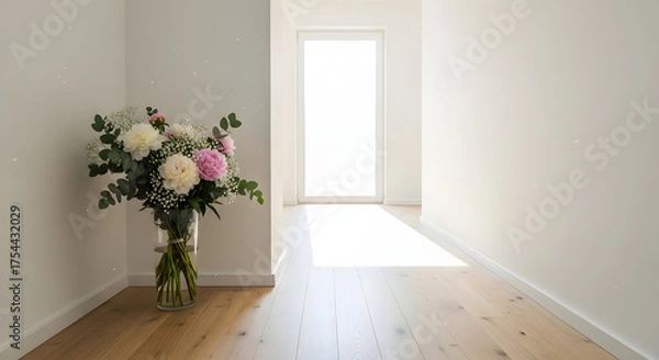Fototapeta A delicate bouquet of pink and white peonies in a glass vase on a wooden floor, illuminated by bright natural light from a doorway