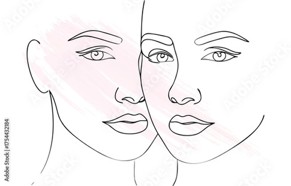 Obraz Minimalist line drawing two faces connected by abstract  brush strokes Single line