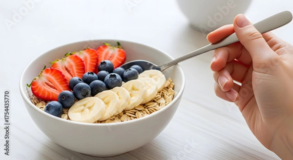 Fototapeta Woman's hand holding a spoon over a delicious bowl of oatmeal porridge topped with fresh strawberries, blueberries, and bananas for a healthy breakfast