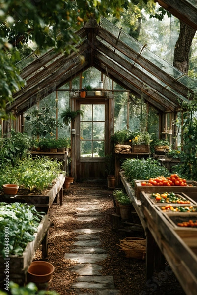 Obraz Greenhouse filled with fresh vegetables including tomatoes cabbage and greens