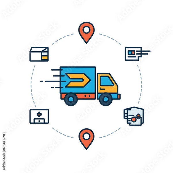 Fototapeta Modern flat line art design concept of a logistics network, showcasing fast courier service, parcel delivery, and online order fulfillment