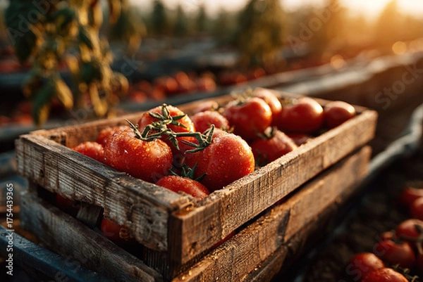 Obraz Freshly harvested tomatoes in a wooden box on a sunlit farm field