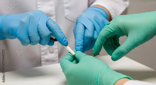Fototapeta Hands of scientists in protective gloves working with laboratory equipment and conducting experiments