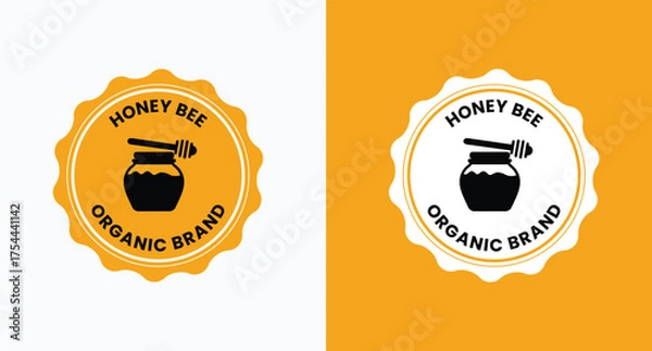 Fototapeta 100% Natural wild raw organic honey logo label concept with bee symbol inside hexagon honeycomb nectar drop sign. Beekeeper farm badge brand identity template. Vector illustration.