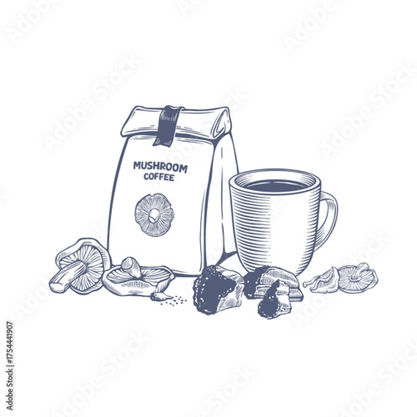 Fototapeta Hand drawn vector illustration of mushroom coffee packaging and cup in engraving style