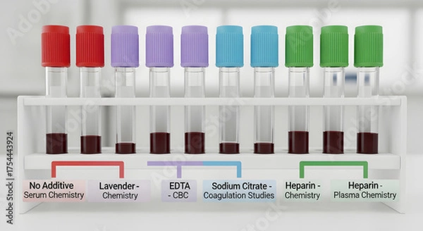 Fototapeta Medical laboratory blood collection tubes with different additives for various tests
