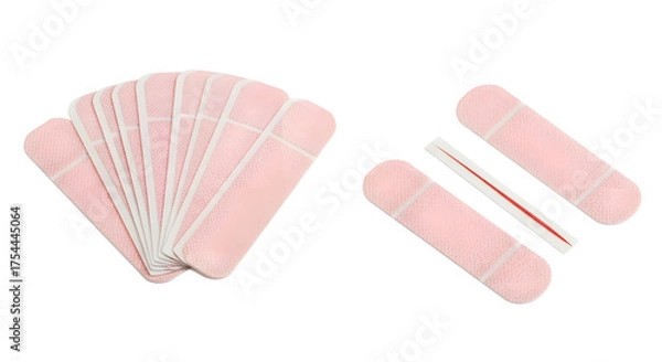 Fototapeta Pink adhesive breathing strips for nasal congestion relief and better sleep, fanned out and individually presented on a white background, enhancing respiratory comfort
