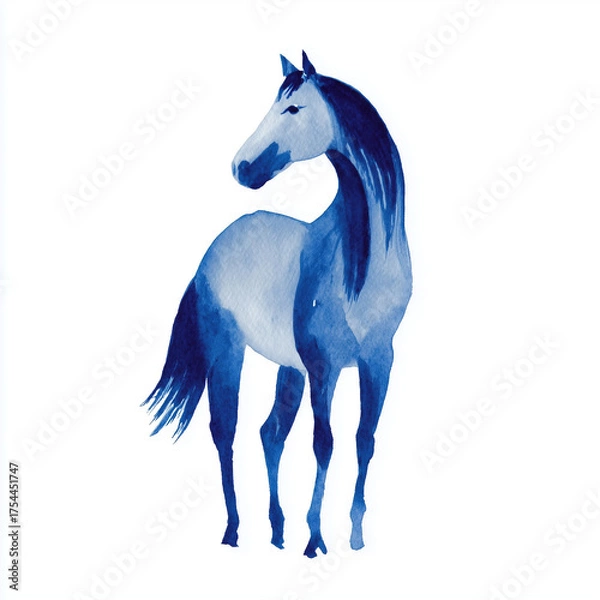 Fototapeta 青い馬のイラスト、水彩、干支、午年、年賀状、白背景