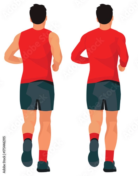 Fototapeta Two isolated vector figures of a man from behind, jogging in summer and winter sportswear