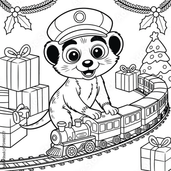 Fototapeta Adorable meerkat in uniform driving a toy train surrounded by christmas gifts and decorations vector illustration silhouette White background
