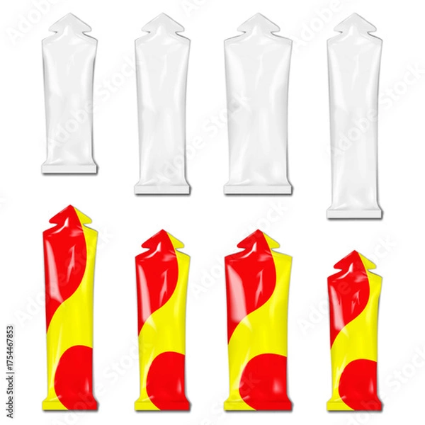 Fototapeta Stick pack vertical sachet with tear-off triangle top. Realistic vector mockup set. White and color design. Easy editable mock-up. Long pouch package. Mock-up. Flat plastic bag size kit. Template