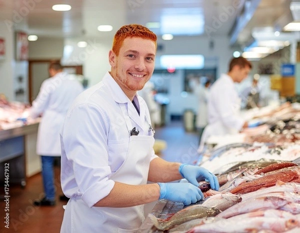 Obraz Smiling fishmonger working at seafood market counter