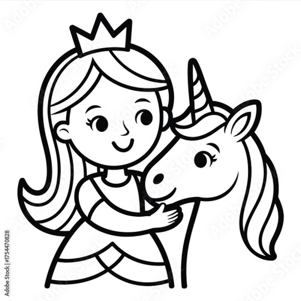 Fototapeta Charming princess embracing a majestic unicorn friendly illustrated coloring page scalable vector graphic eps silhouette White background
