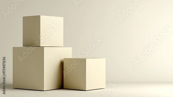 Fototapeta Geometric arrangement of stacked beige cubes on a neutral background