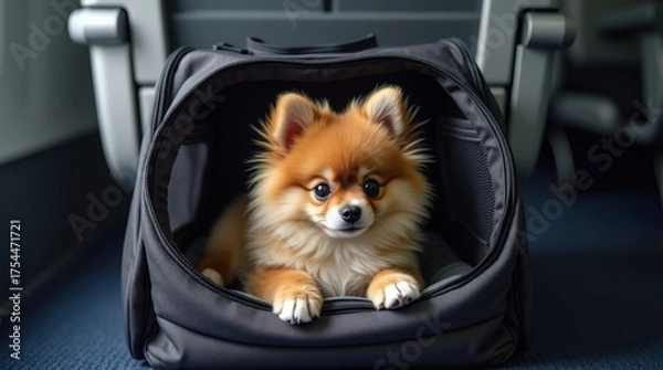 Obraz Small Pomeranian puppy in cozy carrier during travel by plane