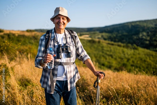Obraz Portrait of happy senior man drinking water while enjoying hiking with backpack and hiking poles in nature.	