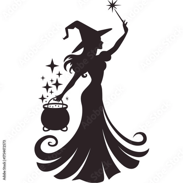 Fototapeta Silhouette of a mystical witch with a wand and cauldron vector illustration for magical designs silhouette White background