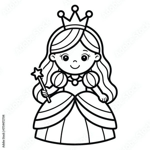 Fototapeta Cute princess illustration with crown and wand vector art scalable eps for design projects silhouette White background