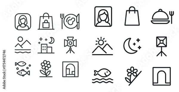 Fototapeta Dining and shopping line icons set – silhouette, outline, meal, and retail symbols