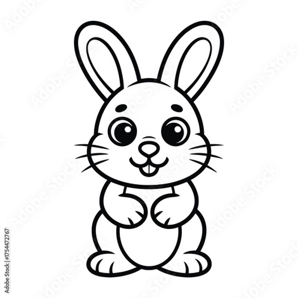 Fototapeta Cute black and white line art illustration of a fluffy rabbit for vector graphics and icons silhouette White background