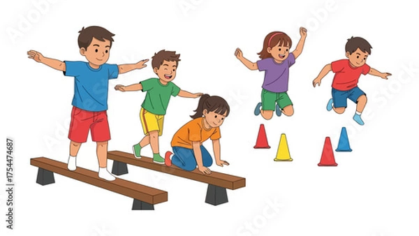 Fototapeta Active Kids at Play: A group of active children navigate an obstacle course, showcasing teamwork, balance, and joyful movement, capturing the essence of childhood adventure and camaraderie.