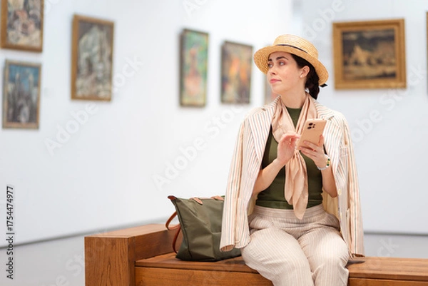 Fototapeta Mid shot of young Caucasian beautiful woman in an elegant suit is sitting on a bench in an art gallery and using her smartphone. Copy space. Modern cultural education