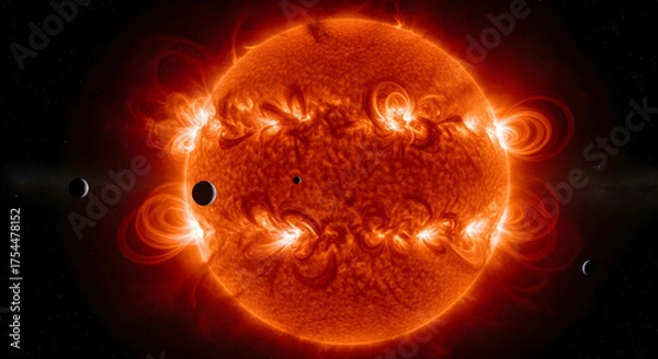 Obraz The sun with solar flares and planets in front of it in deep space