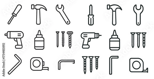 Fototapeta Construction tools outline icons set – linear, hardware, diy design elements