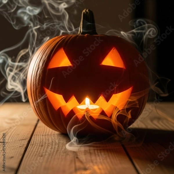 Obraz Jack-o'-Lantern with Glowing Face and Fog Effects on Halloween Night