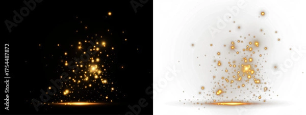 Obraz Golden sparkles and glowing particles create a magical effect on a black and white background, enhancing visual appeal for design projects and creative compositions