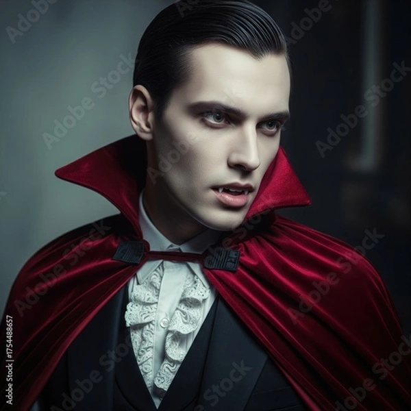 Obraz Classic Vampire Costume with Red Cape and Ruffled Shirt in Dark Gothic Portrait